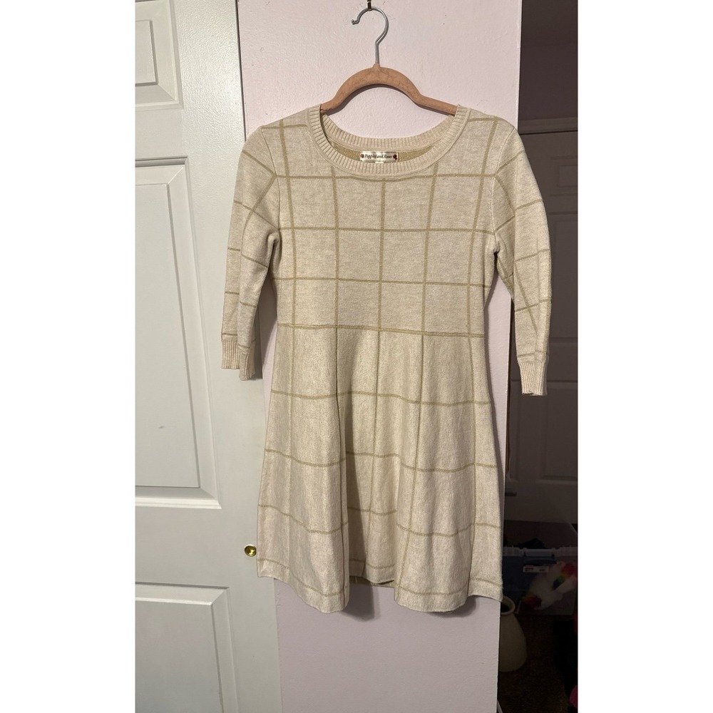 Poppies and Roses Cream Gold Metallic Grid Sweater Dress Womens XL Boho Chic